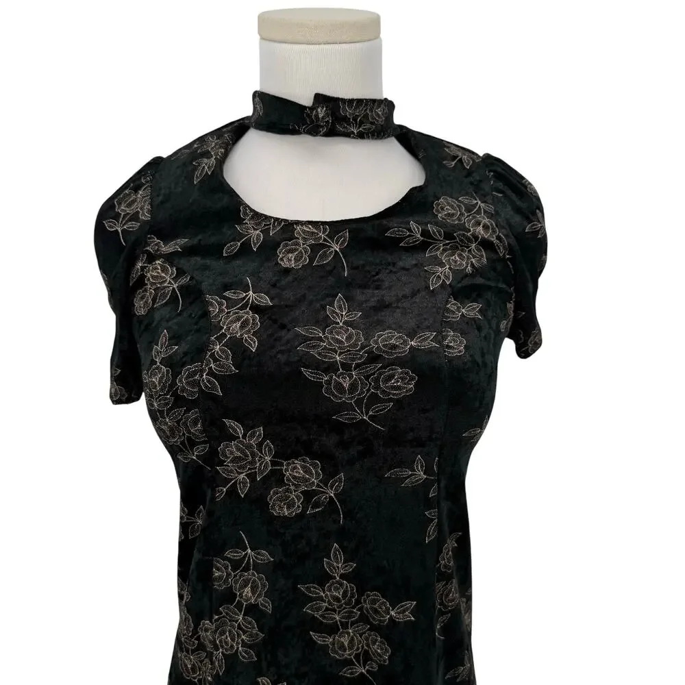 VTG 90s Y2K Velvet Mini Dress Rose Embroidered Tie Back Whimsigoth Goth Grunge - Picture 2 of 6